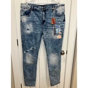 NWT STAPLE Pigeon Men's Size 42x34 1/2" LT Stone Wash Distressed Patched Jeans